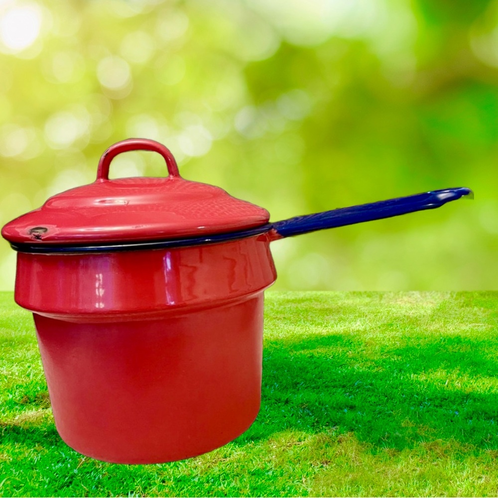 Antique Vintage Red & Cobalt Blue Enamel Pan 1.5 qts